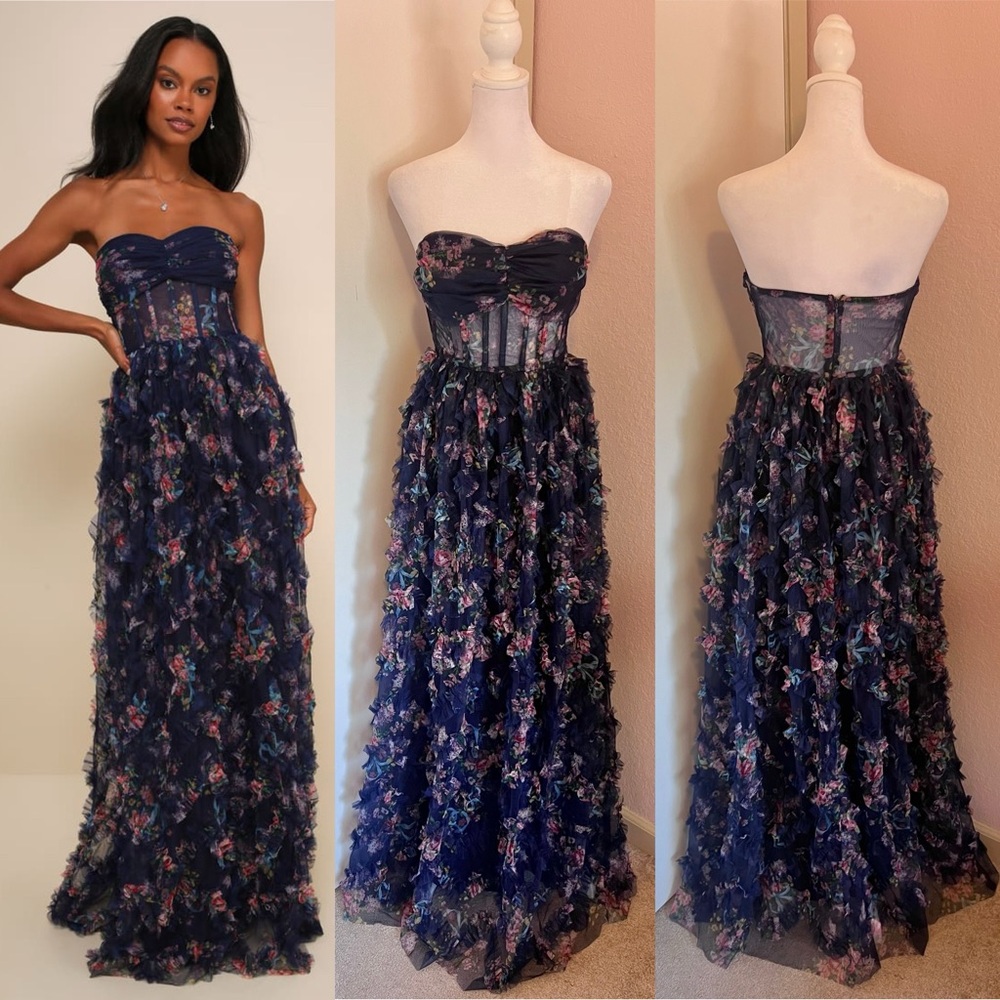Lulus Stunning Element Navy Floral Mesh Ruffled Strapless Maxi Dress - Picture 13 of 13